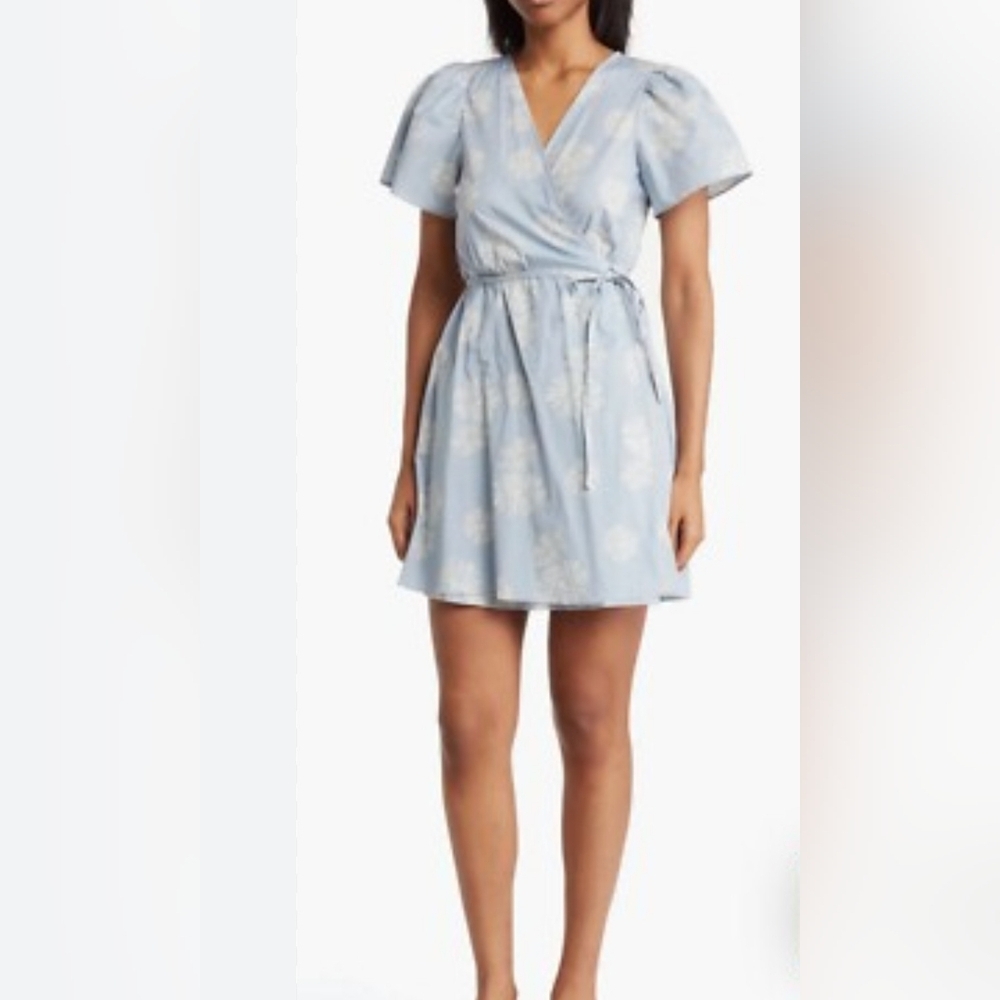 Madewell  Floral Light Blue Wrap Dress Cotton Tie Waist. Size XS - Picture 2 of 8